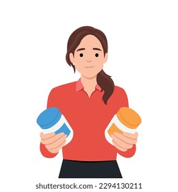 Young woman holds in her hands jars of vitamins, dietary supplements, bablets, medicines and thinks, decides what to choose. Character on the topic of health and maintenance of the body. Flat vector 