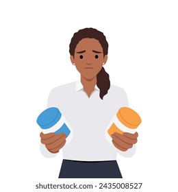 Mujer joven sostiene en sus manos frascos de vitaminas, suplementos dietéticos, tabletas, medicamentos y piensa, decide qué elegir. Ilustración vectorial plana aislada sobre fondo blanco