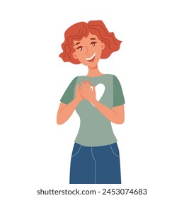 Young woman holds her hands on her chest near her heart. Gratitude. Happy, touched man. Heart gesture is a flat vector illustration on an isolated background. 