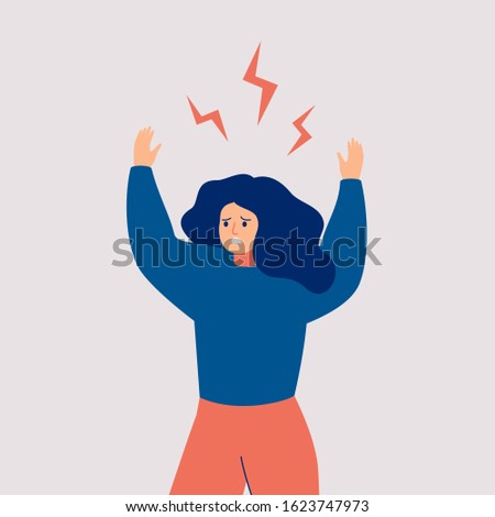 A young woman holds up her hands and screams in rage. Angry girl with flying lightnings over her head isolated on white background. Vector