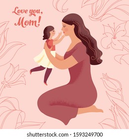 Young woman holds her little daughter in her arms. Soft pink background with graphic flowers. Greeting card or poster for Mother's Day.