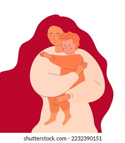Young woman holds her little son in her arms. Happy motherhood. Single mother vector concept.