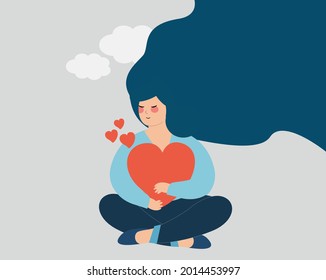 Young woman holds and hugs a big heart. Girl with long hair care a heart with love while sitting. female love and self acceptance, positive mind, inner peace, mental concept. Flat vector illustration	