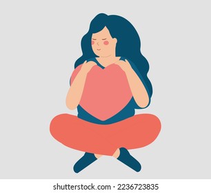 Young woman holds and hugs a red heart. Girl cares a big heart with love while sitting. Female love and self acceptance, positive mind, inner peace, mental concept. Flat vector illustration
