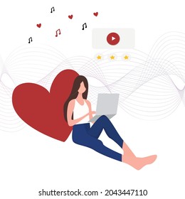 young woman holds a laptop in her hands and selects music and music videos on the Internet. The heart and the designation of pleasure from the actions of technologies. Flat Vector illustration for web