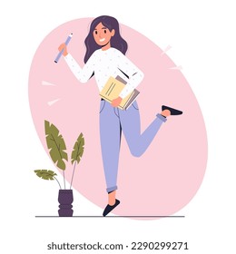 Young Woman Holds Large Pencil In Hand And Smiling. Copywriting And Blogging Concept. Vector Stock Illustration Isolated On White Background. Cute student girl standing with a large pencil. 