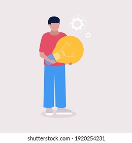 Young woman holds  light bulb. Idea brainstorming concept. Vector illustration in a flat style.