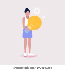 Young woman holds  light bulb. Idea brainstorming concept. Vector illustration in a flat style.