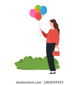 Young woman holds many colorful balloon in her hand. Beautiful girl with balloons standing waiting. Flat vector illustration