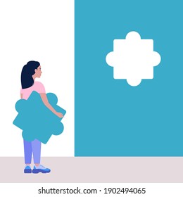 Young woman holds missing element of puzzle. Problem solving concept. Puzzle solution. Right choice. Vector illustration in a flat style