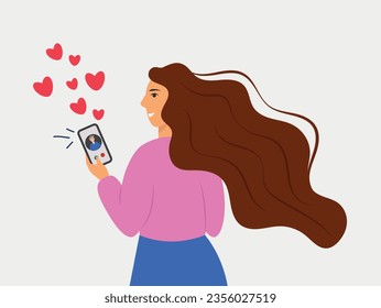 A young woman holds a mobile phone in her hands and talks online with a partner, a video call from a friend or lover. Vector illustration