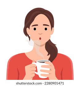 Mujer joven sostiene en sus manos una taza de bebida caliente. El concepto de descanso y relajación es acogedor. Ilustración vectorial plana aislada en fondo blanco