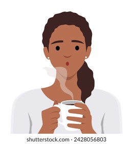 Mujer joven sostiene una taza de bebida caliente en sus manos. Acogedor concepto de descanso y relajación. Ilustración vectorial plana aislada sobre fondo blanco