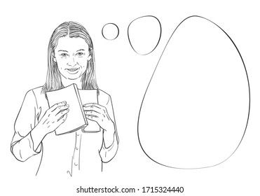 Young woman holds open book, looks at camera, smiles and thinks with thought bubble, vector sketch, hand drawn linear illustration
