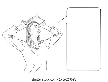 Young woman holds open book over her head like roof over house, looks sideways up, smiles and talking with speech bubble, vector sketch, hand drawn linear illustration