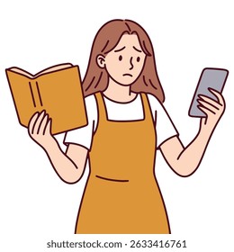 Young woman holds open book in one hand and smartphone in the other, representing multitasking, digital lifestyle, education, technology, and modern routine