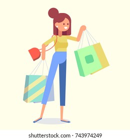 Young woman holds packages. Happy shopper. Big Sale. Cartoon style, flat vector illustration.