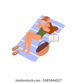 Young woman holds paper book in hands, reading on blanket. Happy girl lying beach, sunbathing in sea vacations. People have a rest on seashore in summer. Flat isolated vector illustration on white