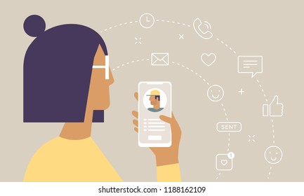 Young woman holds a phone in her hand. Online communication. Social networks and dating sites. Vector concept illustration with line icons 