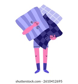 A young woman holds a lot of pillows. Sleep day, mental health and wellness concept. Flat vector illustration isolated on white background.