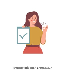 Young woman holds a placard with accept mark and raises her hand with sign ok. Presentation concept. Human character vector illustration.