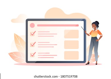 A young woman holds a pointer in her hands giving a presentation on the screen. Online training, time management. Vector flat illustration for web design