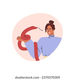 Young woman holds an red snake in hands. Vector cartoon happy owner of exotic domestic pet reptile. Long serpent with tongue. Flat illustration human home rare animal isolated on white.