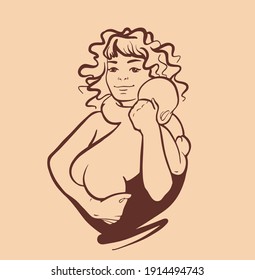 A young woman holds a small child in her arms. Mom plays and hugs the baby. A sign, a sketch drawn by hand. The logo is black and white in a vector on an isolated background.