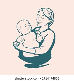A young woman holds a small child in her arms. Mom plays and hugs the baby. A sign, a sketch drawn by hand. The logo is black and white in a vector on an isolated background.
