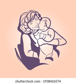 A young woman holds a small child in her arms. Mom plays and hugs the baby. A sign, a sketch drawn by hand.