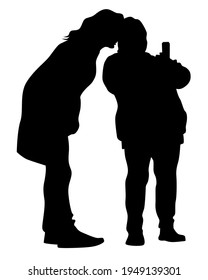 Young woman holds a smartphone in her hand. Isolated silhouettes of people on a white background