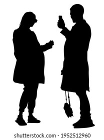 Young woman holds a smartphone in her hand. Isolated silhouettes of people on a white background