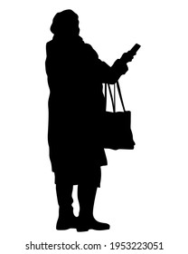 Young woman holds a smartphone in her hand. Isolated silhouettes of people on a white background