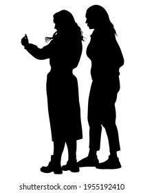 Young woman holds a smartphone in her hand. Isolated silhouettes of people on a white background