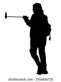 Young woman holds a smartphone in her hand. Isolated silhouettes of people on a white background