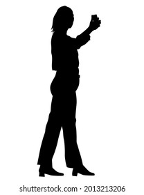 Young woman holds a smartphone in her hand. Isolated silhouettes of people on a white background