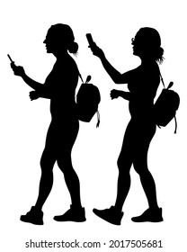 Young woman holds a smartphone in her hand. Isolated silhouettes of people on a white background