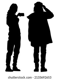 Young woman holds a smartphone in her hand. Isolated silhouettes of people on a white background