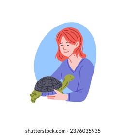 Young woman holds an turtle in hands. Cute green turtle with gray shell. Vector cartoon happy owner of exotic domestic pet reptile. Flat illustration human friendship with home rare animal