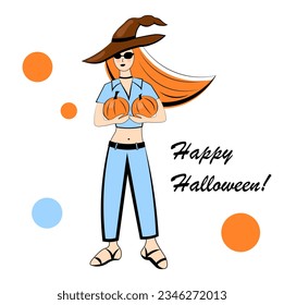 
A young woman holds two pumpkins in her hands. Happy Halloween! Vector illustration in doodle style