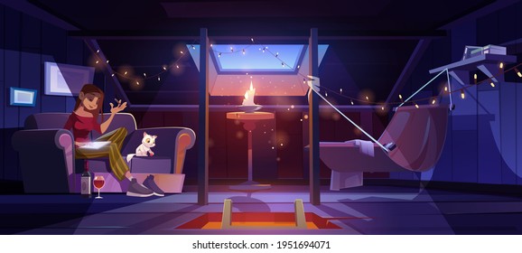 Young woman at home attic writing with wine bottle on floor at night time. Thoughtful girl compose verses or put memoirs in notebook in dark mansard room with cute cat, Cartoon vector illustration.