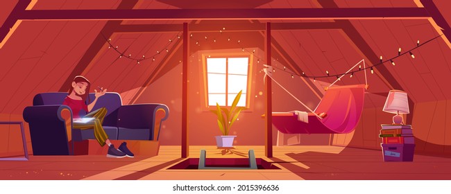 Young woman at home attic writing notes in notepad