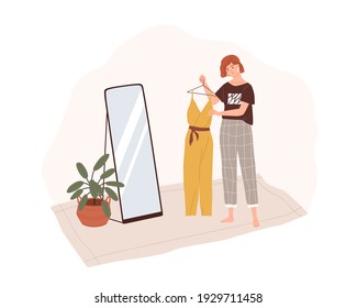 Young woman in home clothes holding fashion outfit on hanger rack and preparing for going out near mirror. Colored flat vector illustration isolated on white background