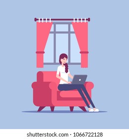 Young woman in home clothes sitting on the chair and using laptop in living room vector flat illustration. Girls working on laptop at home. Freelance, self employed, freedom.