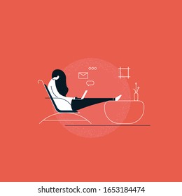 Young woman in home clothes sitting on the chair and using laptop in living room vector flat illustration, Girls working on laptop at home, Freelance, self employed