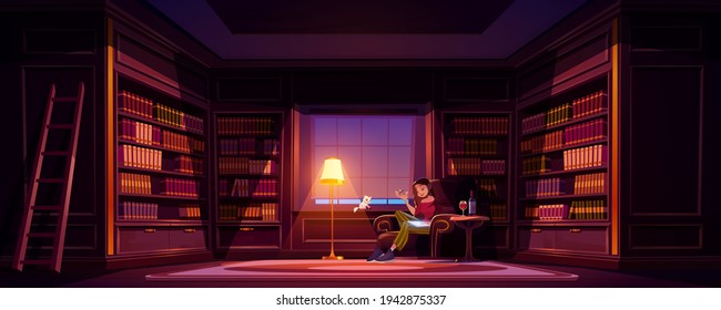 Young woman at home library writing with wine