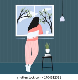 Young woman at home longing at window  Spring landscape outside  blue sky and clouds   trees  Cozy pink pajama  Self isolation concept illustration