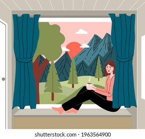 Young woman at home longing at window. Spring landscape outside, blue sky with clouds and trees. Cozy pink pajama. Self isolation concept illustration