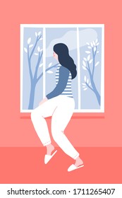 Young woman at home looking out window, sitting on sill in pink room. Spring landscape outside, blue sky with clouds and trees. Self isolation concept illustration