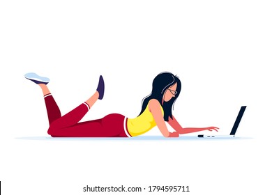 Young woman at home lying on the floor and working on computer. Remote working, home office, self isolation concept. Flat style illustration, isolated on white background.